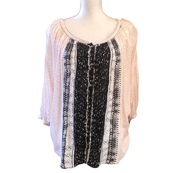 FREE PEOPLE WOMENS LIGHTWEIGHT BOHO TOP IN LIGHT ORANGE, WHITE AND BLACK SIZE S - Picture 1 of 14